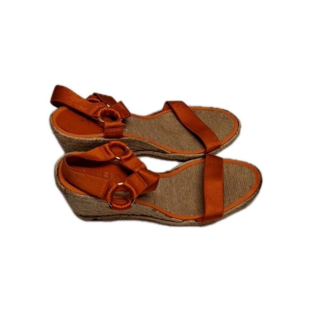 Womens Ralph Lauren Orange Open Toe Ankle Tie Espadrille Wedge Heels 11B